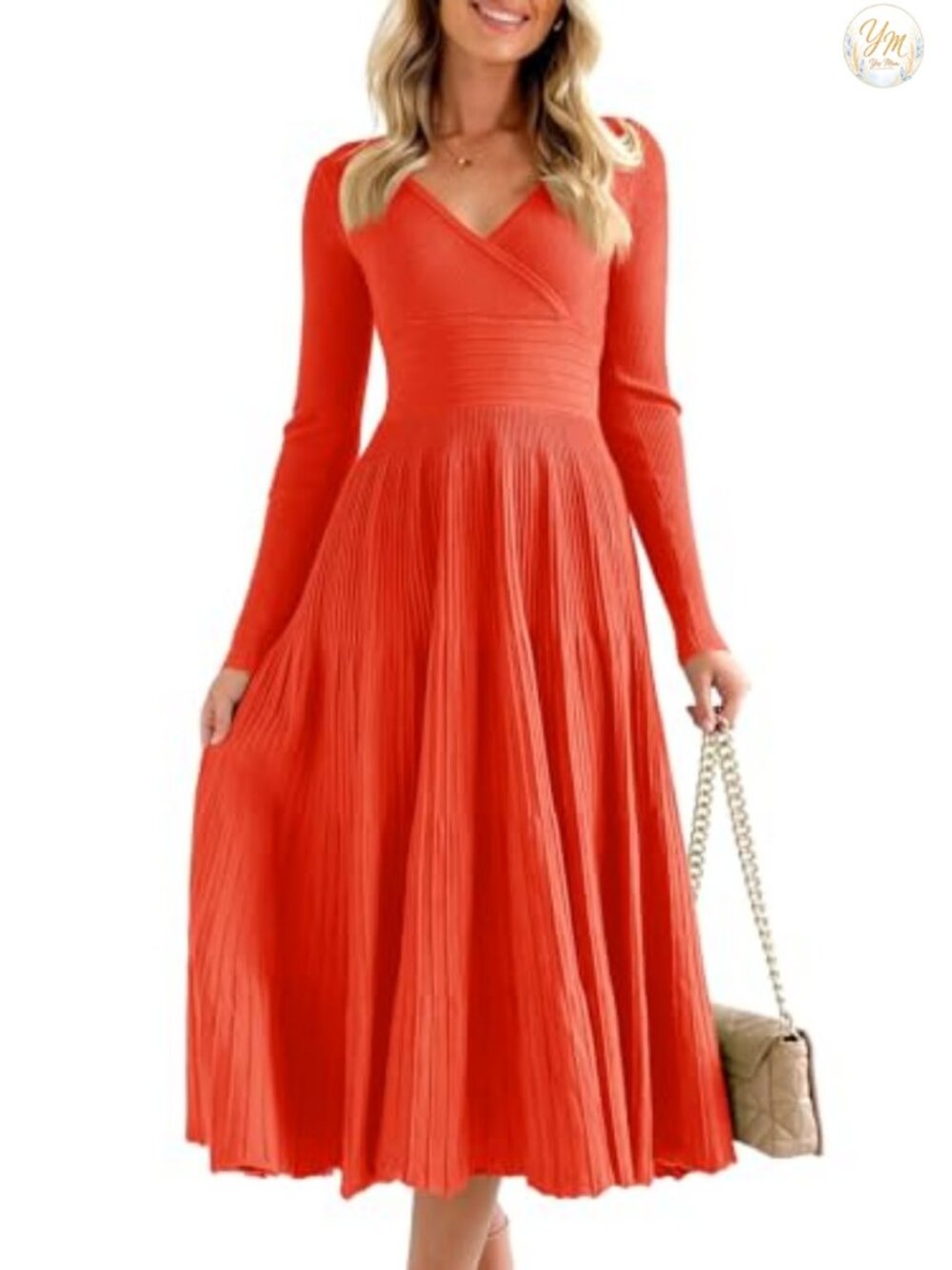 Long Sleeve Knit Midi Sweater Dress V Neck Pleated Fit Flare